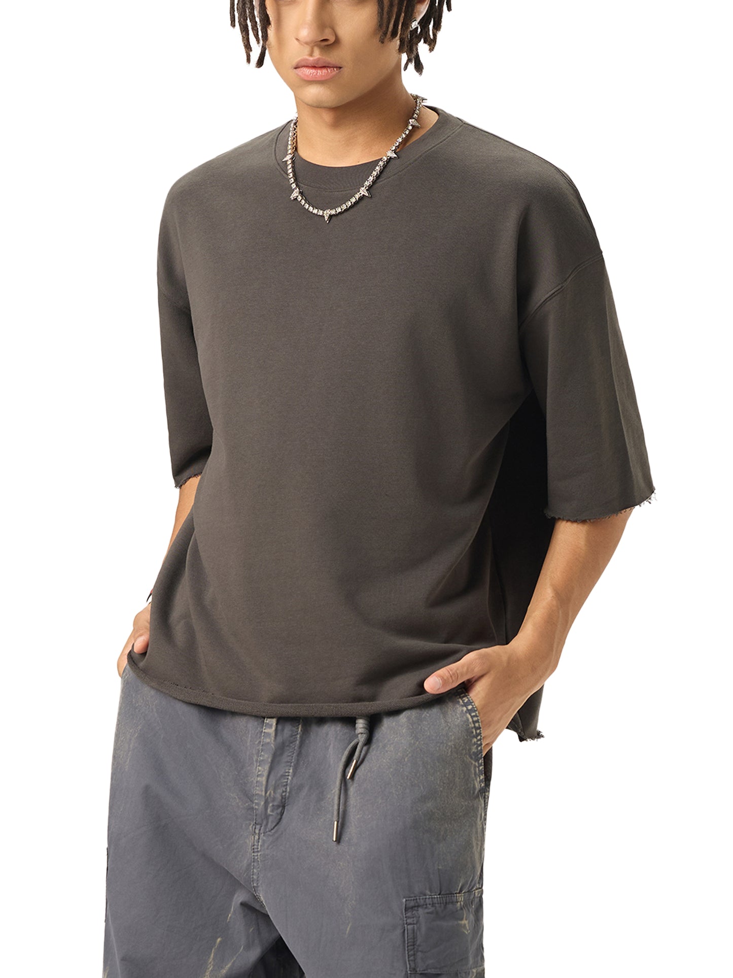 Boxy Half-Sleeve Raw-Edge T-Shirt Skate Top